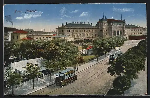 AK Brünn / Brno, Nadrazi, Bahnhof, Strassenbahn