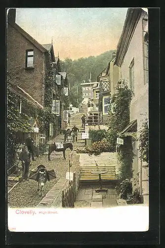 AK Clovelly, Männer mit Eseln in der High Street