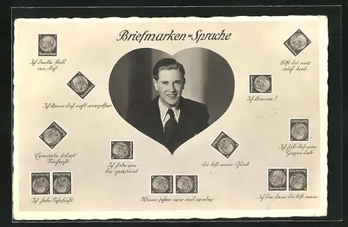 AK Briefmarken-Sprache, Lächelnder junger Herr