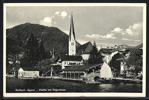 AK Rottach-Egern, Kirche und Partie am Tegernsee