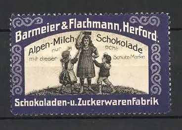 Reklamemarke Alpenmilchschokolade, Barmeier & Flachmann, Herford, Kinder streiten um eine Schokoladentafel