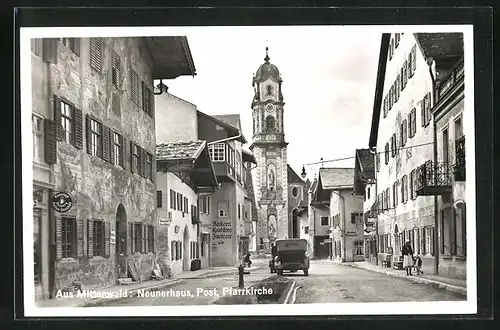 AK Mittenwald, Neunerhaus, Post und Pfarrkirche