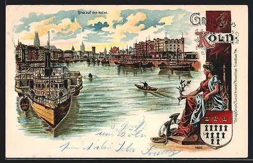 Lithographie Köln, Blick auf den Hafen, Stadtwappen