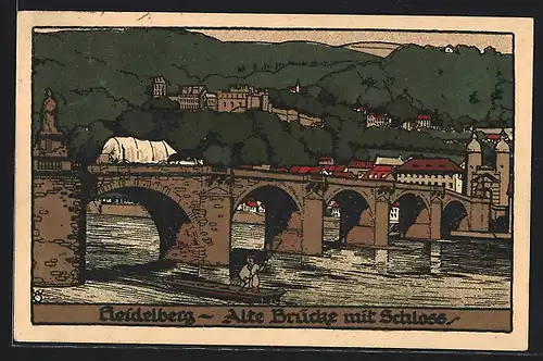 Steindruck-AK Heidelberg, Alte Brücke mit Schloss
