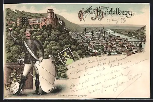 Lithographie Heidelberg, Ortsansicht aus der Vogelschau, Mann in Uniform mit Degen