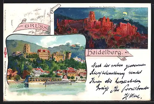 Lithographie Heidelberg, beleuchtetes Schloss, Blick zum Schloss