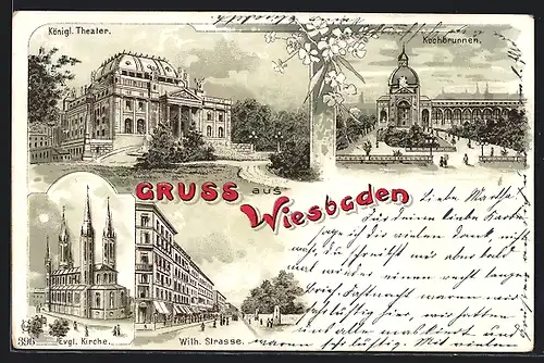 Lithographie Wiesbaden, Kochbrunnen und Königl. Theater