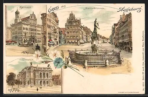 Lithographie Augsburg, Mercurbrunnen, Rathhaus, Theater