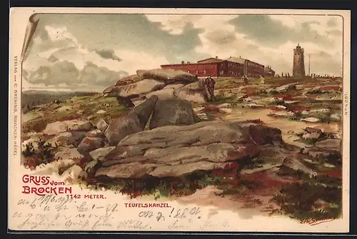 Künstler-AK Erwin Spindler: Brocken, Teufelskanzel, Brocken-Hotel