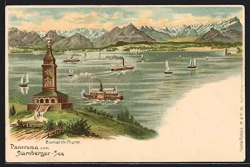 Lithographie Starnberg /Starnberger See, Panorama mit Bismarck-Turm