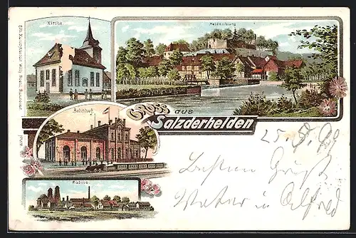 Lithographie Salzderhelden, Bahnhof mit Eisenbahn, Saline, Heldenburg, Kirche