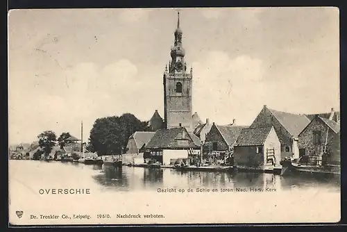 AK Overschie, Gezicht op de Schie en toren Ned. Herv. Kerk