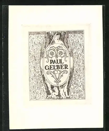 Exlibris von Erhard Amadeus Dier für Paul Gelber, Frauenakt über Schriftzg sitzend, Ornamente