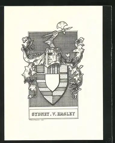 Exlibris von P. Roach-Pierson für Sydney V. Hagley, Wappen mit Ritterhelm und Axt