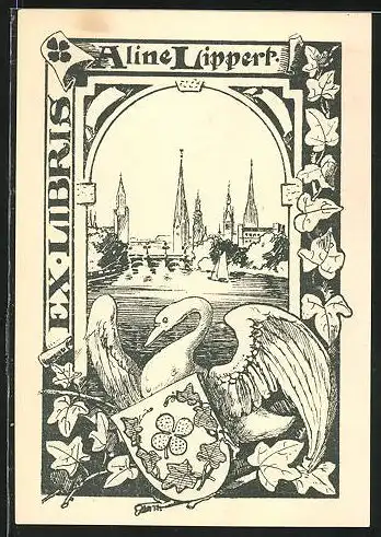 Exlibris Aline Lippert, Schwan mit Wappen am Stadtrand