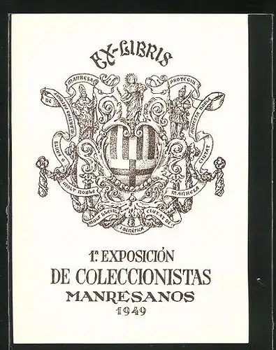 Exlibris von Joan Vilanova für 1. Exposicion De Coleccionistas Manresanos 1949, Wappen mit Heiligenbildern