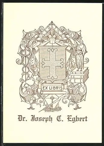 Exlibris Dr. Joseph Egbert, Wappen mit Kreuz und Eule