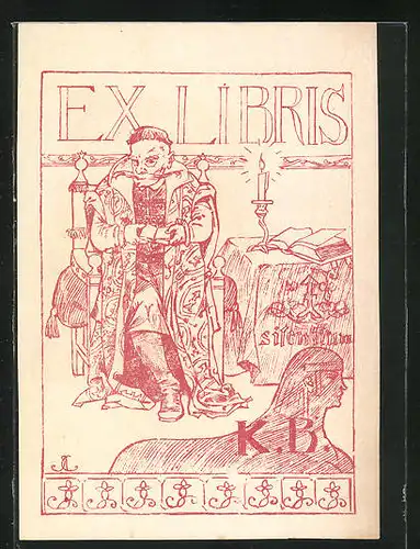 Exlibris Initialen K.B., Edelmann vor Sphynx sitzend