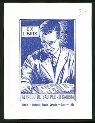 Exlibris von Fernando Freitas Coroado für Alfredo De Sao Pedro Cabrita, Mann sichtet Album mit Exlibris