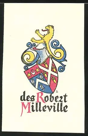 Exlibris des Robert Milleville, Wappenmit Löwe & Ritterhelm