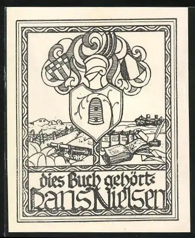 Exlibris Hans Nielsen, Maschinengewehr-Stellung, Wappen mit Bienenstock