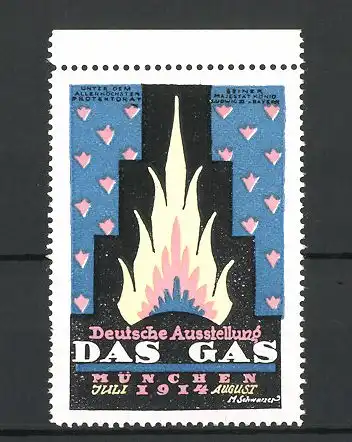 Künstler-Reklamemarke M. Schwarzer, München, Deutsche Ausstellung Das Gas 1914, lodernde Flamme, blau