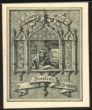 Exlibris Erich Berolini, Gelehrter macht Aufzeichnungen in einer Schreibstube