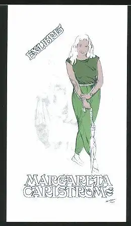 Exlibris Margareta Caristrom, Dame im grünen Kleid mit Schirm