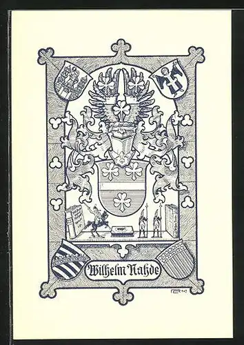 Exlibris von Lorenz Rheude für Wilhelm Nahde, Wappen mit Ritterhelm, Soldatenfiguren im Regal