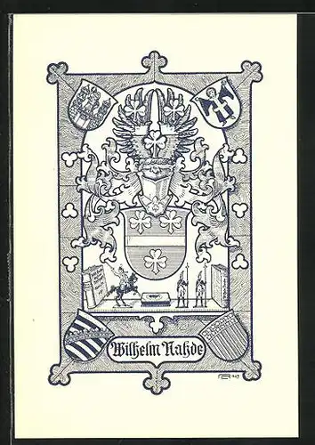 Exlibris von Lorenz Rheude für Wilhelm Nahde, Wappen mit Ritterhelm, Soldatenfiguren, blau