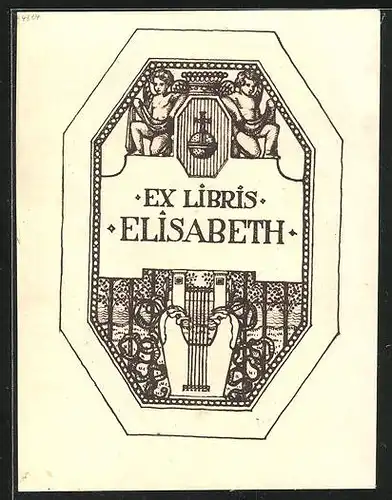 Exlibris Elisabeth, Putten mit Wappen über Schriftzug und Lyra