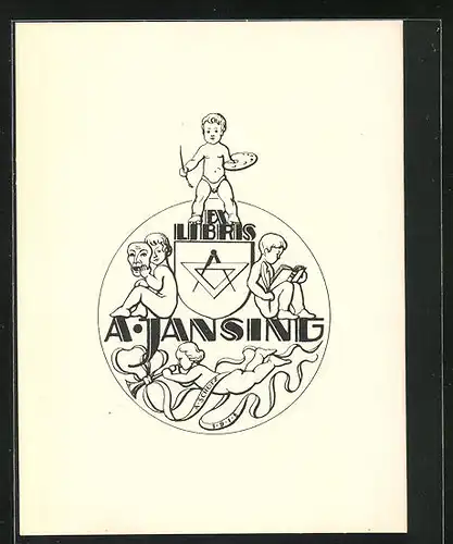 Exlibris von A. Schütz für A. Jansing, Putten musizieren, malen, lesen & spielen Theater