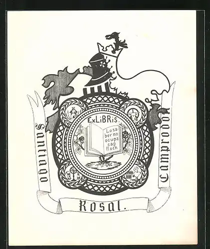 Exlibris Santiago Rosal. Camprodon, Wappenmit Buch und Ritterhelm