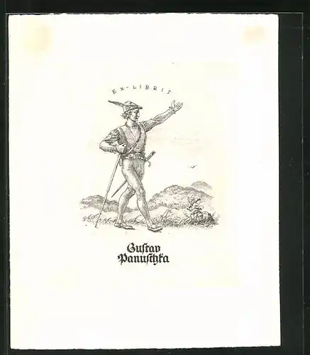 Exlibris Gustav Panuschka, Wanderer in idyllischer Natur