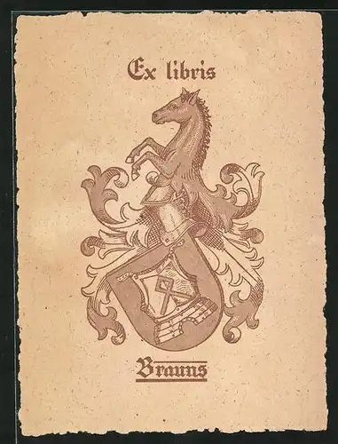 Exlibris Brauns, Wappen mit Pferd und Ritterhelm