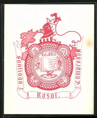 Exlibris Santiago Rosal., Wappen mt offenen Buch und Ritterhelm