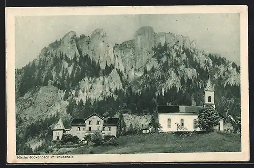 AK Nieder-Rickenbach, Kur- und Pilgerhaus mit Kirche gegen Musenalp