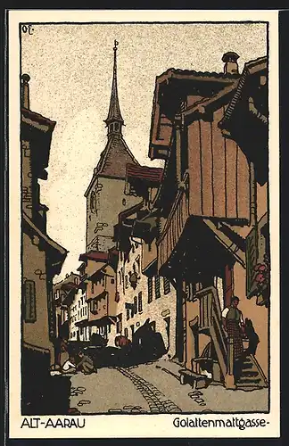 Steindruck-AK Alt-Aarau, Golattenmattgasse mit Kirchturm