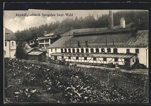 AK Spiegelau /Bay., Krystallglasfabrik, von einem Garten gesehen