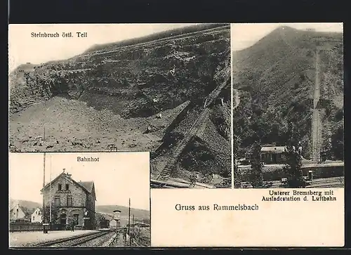 AK Rammelsbach, Bahnhof mit abgestelltem Waggon, Unterer Bremsberg m. Ausladestation d. Luftbahn, Steinbruch