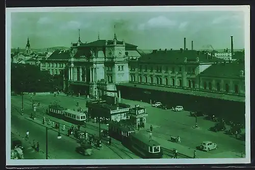 AK Brünn, Bahnhof mit Strassenbahn