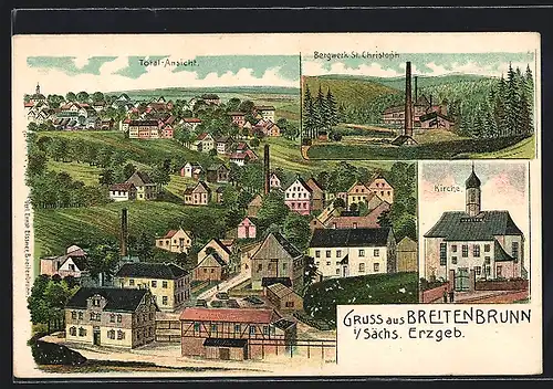 Lithographie Breitenbrunn i. Sächs. Erzgeb., Bergwerk St. Christoph, Kirche