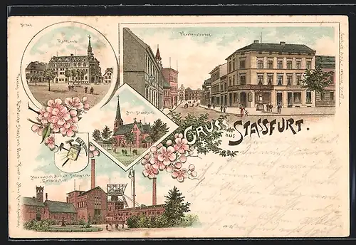 Lithographie Stassfurt, Salzwerk Leopoldshall, Fürstenstrasse, Rathhaus