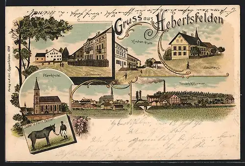 Lithographie Hebertsfelden, Hauptstrasse, Kirchen-Platz, Schulhaus, Tonwerk Kolbermoor