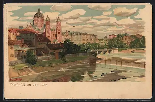 Künstler-Lithographie Paul Hey: München, An der Isar