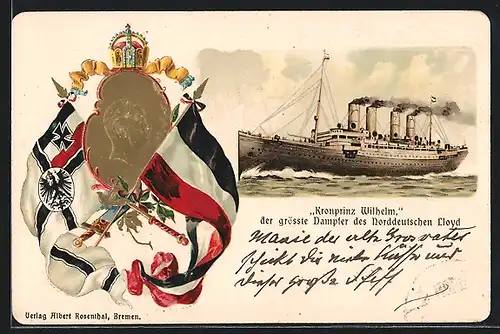 Lithographie Norddeutscher Lloyd Dampfer Kaiser Wilhelm der Grosse