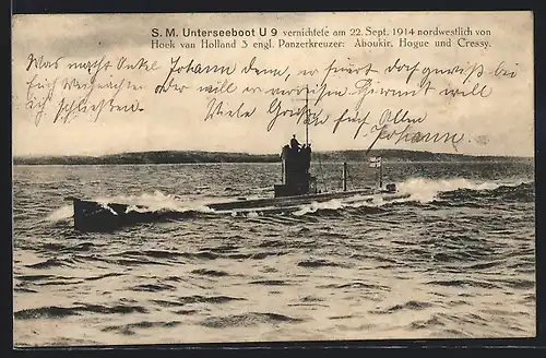 AK Hoek van Holland, S. M. Unterseeboot U 9 vernichtete 1914 die 3 englischen Panzerkreuzer Aboukir, Hogue und Cressy