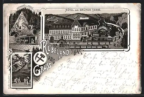 Lithographie Rübeland / Harz, Hotel Zur grünen Tanne mit Strassenbahn, Höhle Hermann, Höhle Baumann