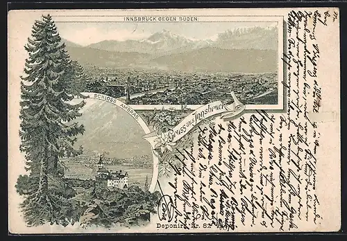 Vorläufer-Lithographie Innsbruck, 1892, Schloss Ambras, Totale gegen Süden