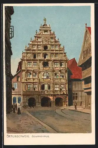 Künstler-Lithographie Zeno Diemer: Braunschweig, Strassenpartie am Gewandhaus